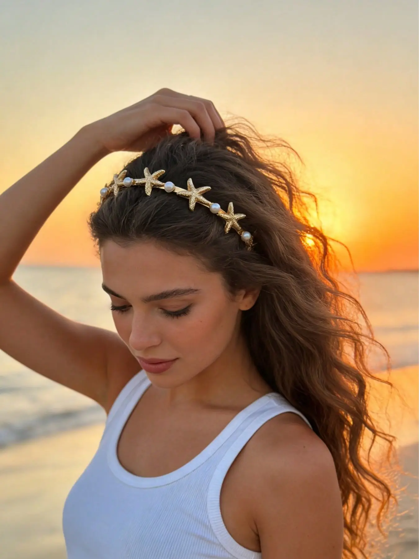 Women's Gold Starfish Pearl Headband, Coastal Mermaid-Inspired Alloy Hair Band, Elegant Beach Wedding Hair Accessory, Lightweight Fashion Hair Hoop for Vacation, Bridal, Party & Photo Shoot