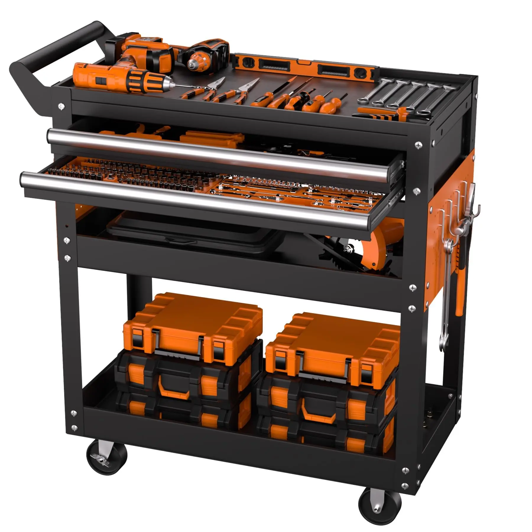 Garvee 5-Tier Heavy-Duty Steel Rolling Tool Cart - 400 Lbs Capacity, Locking Drawer, Adjustable Racks, Smooth Wheels, Side Pegboards, Secure Lock, Multi-Tiered Metal Frame Organizer for Garage, Workshop Tool Storage