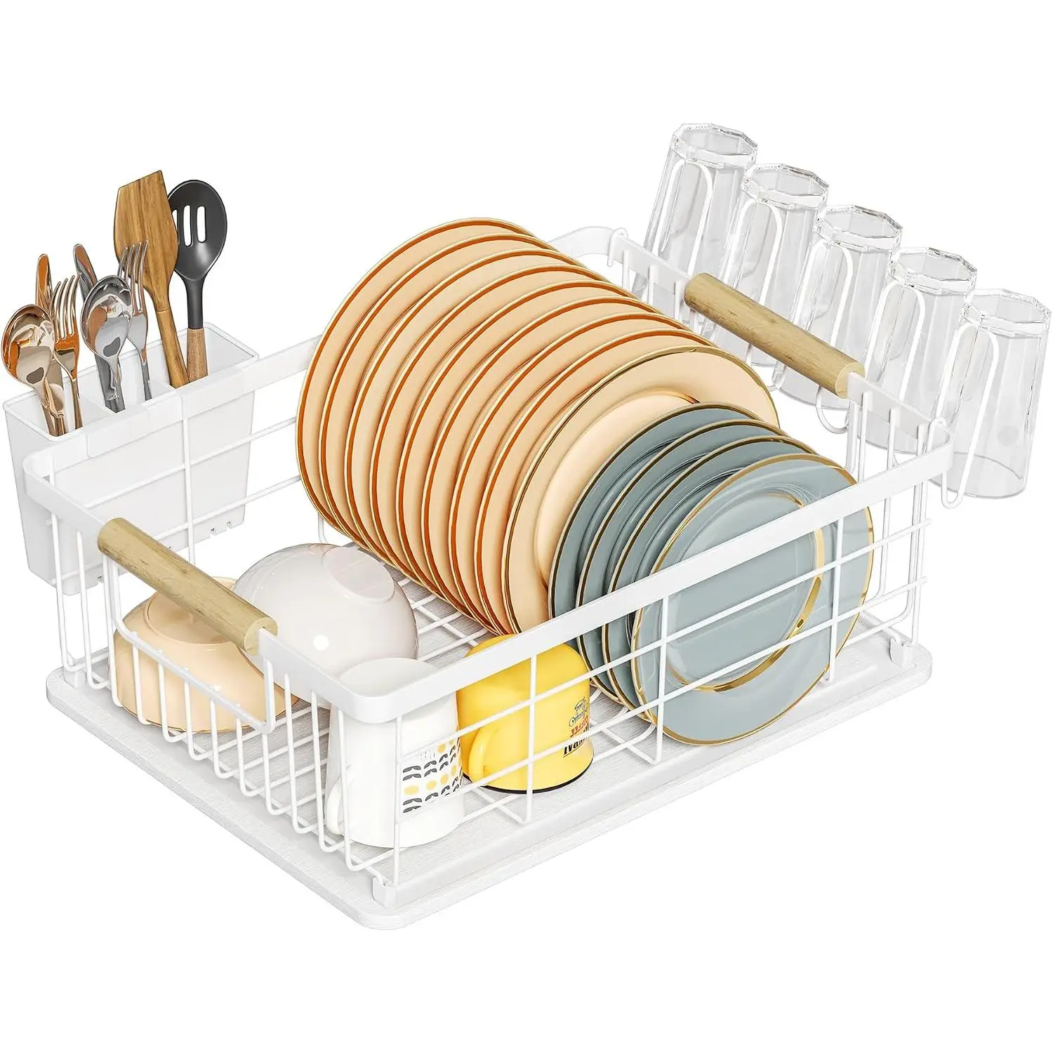 Dish Drying Rack White with Diatomaceous Earth No Installation Required | Space Saving with Cutlery Cups Holder