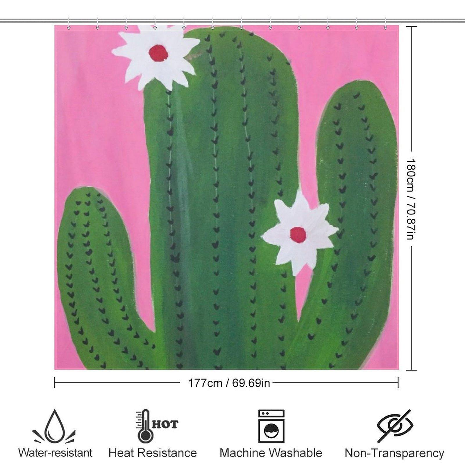 Boho Cactus Flower Print Shower Curtain, Pink Green Waterproof Bath Curtain, Southwest Desert Aesthetic Bathroom Decor, Cute Cactus Bath Accessory with Hooks
