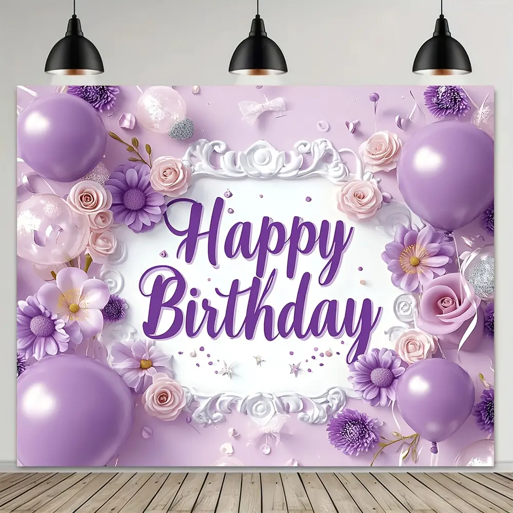 Durable Polyester Happy Birthday Wall Hanging Tapestry - Purple Floral Design, Birthday Party Banner, Ideal for Cake Tables, Gift Option