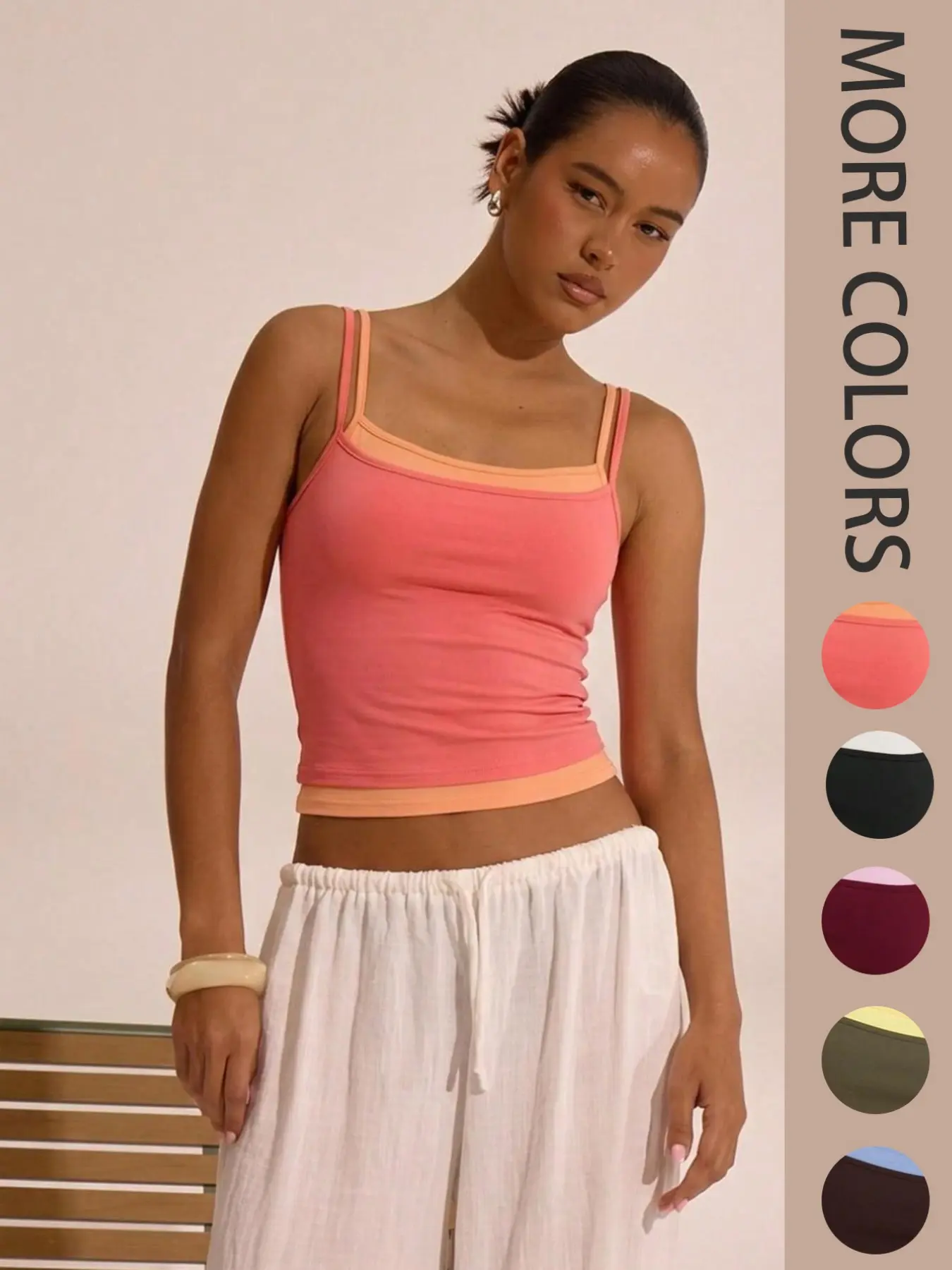 American Vintage Colorblock 2-in-1 Cami Top, Dual Straps, Crop Length, Stretchy Elastic Fabric, Summer Casual Wear