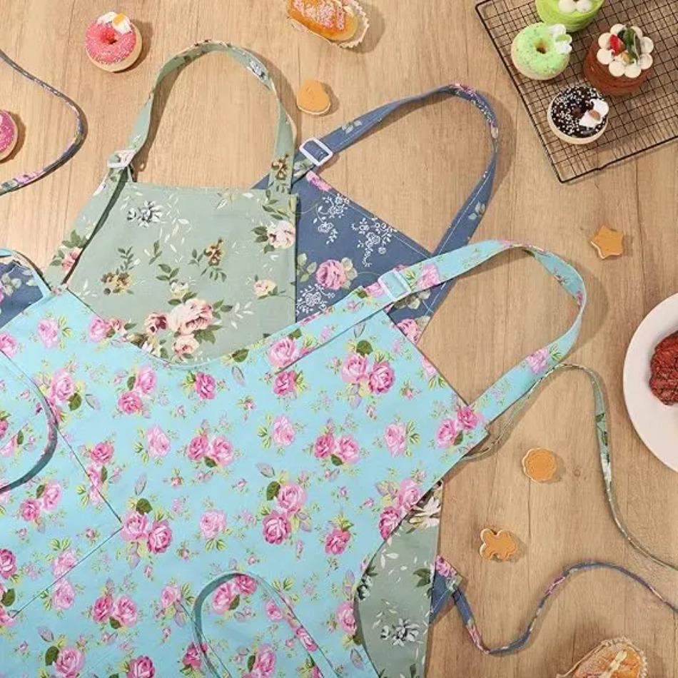 3-Pack Vintage Floral Canvas Kitchen Aprons with Roomy Pockets, Adjustable Neck & Waist Strap Cooking Aprons for Women & Men, Stylish Retro Floral Print Bib Apron for Home Cooking, Baking, Grilling, BBQ, Gardening & Daily Kitchen Use