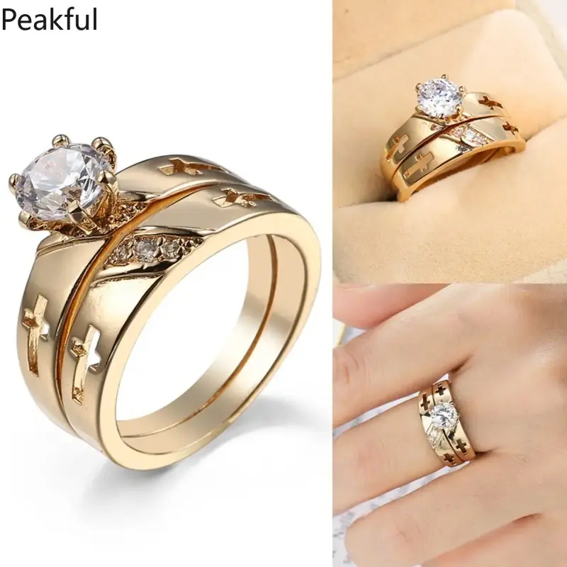 Stackable Gold Cross CZ Ring Set, 2‑in‑1 Layered Religious Promise Engagement Band, Durable Plated Statement Jewelry for Bridal Daily Gifting