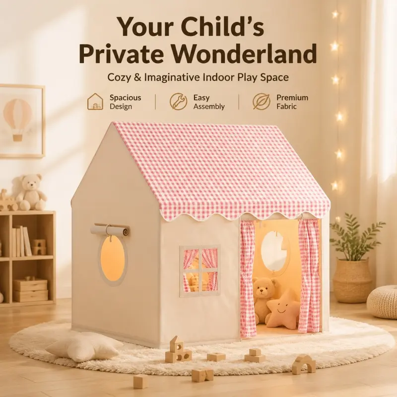 Indoor Kids Play Tent House, a private dreamy paradise for children. Spacious interior and breathable design, available in three lovely colors.