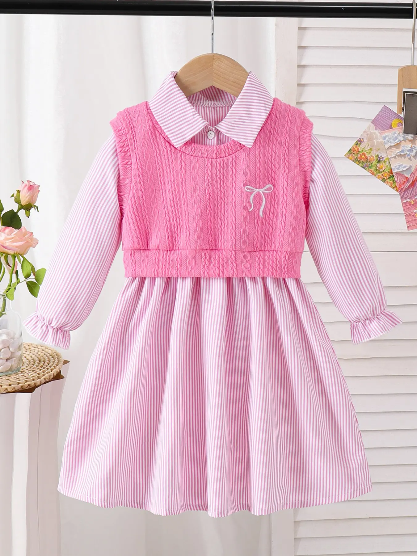 Young Girls School, Butterfly Embroidery Knit Vest + Striped Long Sleeve Collared Shirt Dress Set, Back-To-School Dress