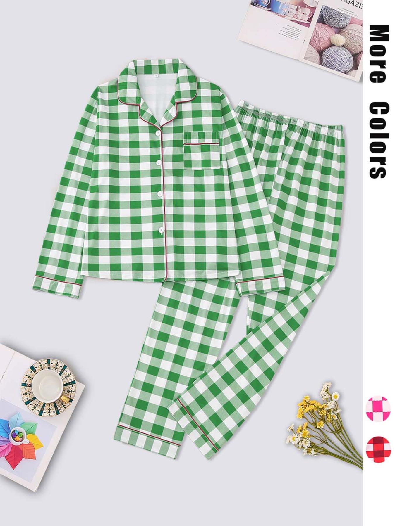 Women's Plaid Print Lapel Neck Button Front Top & Pants Pajama Two-piece Set, Elegant Comfy Long Sleeve Top & Pants Pj Set, Ladies Sleepwear for Spring & Fall, Casual Sleepwear Set