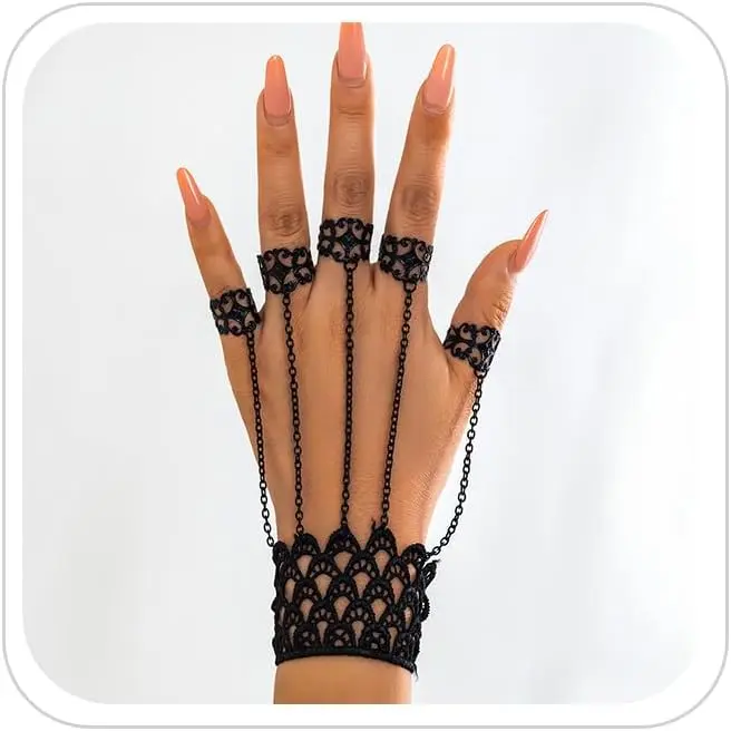 Punk Finger Bracelets with Ring,Rings Bracelets Gothic Link Chain Finger Bracelet Halloween Hand   for Women