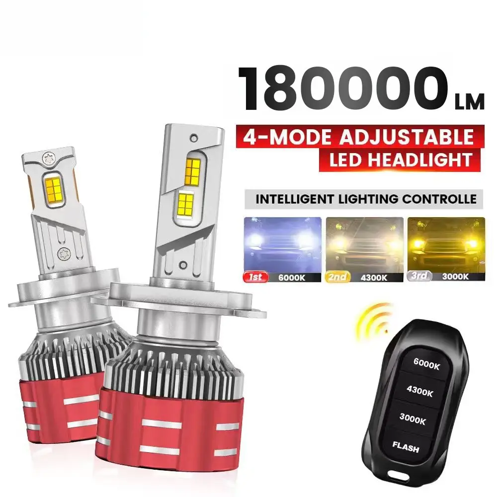 2pcs 9005 LED Headlights H1 H3 H4 H7 H8 H11 9005 HB3 9006 HB4 9012 6000K 4300K 3000K Three Color Remote Control 4 Modes Car Lights 12V 24V