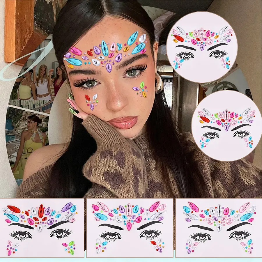 5pcs Random Style Face Rhinestones Stickers, Festival Party Eyebrow Eye Makeup Glitter, Self-Adhesive Cosmetic Jewelry Tattoos