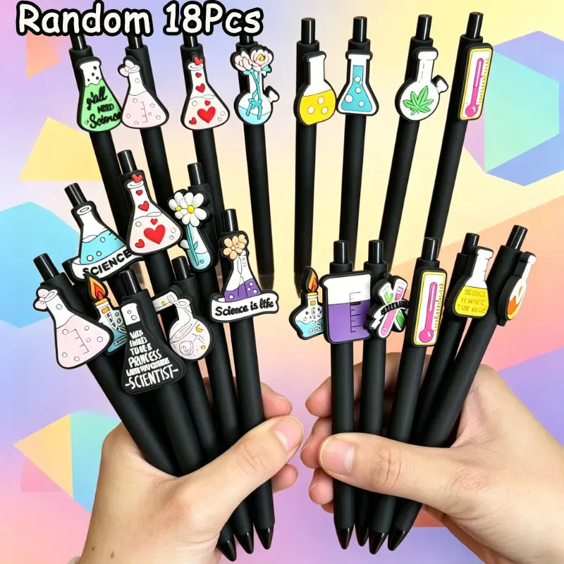 18Pcs Lab Beaker Pattern Ballpoint Pens, Science Themed Retractable Ballpoint Writing Tools, Flask Decor Black Barrel Ballpoint Pen Set, Back To School Stationery Supplies Random Style