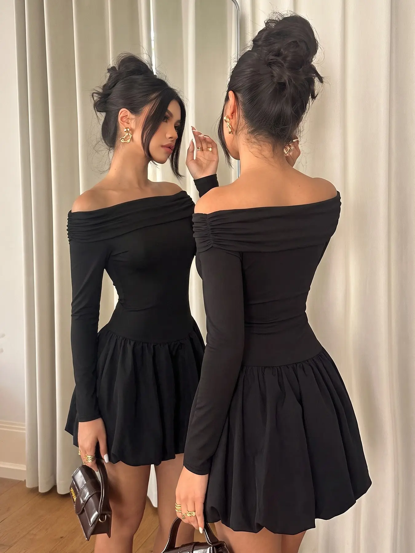 Women Black Off Shoulder Ruched Long Sleeve Bubble Mini Dress, Chic, Y2K Spicy Fold Over Shoulder Bodycon Flared Skater Party Dress, Stretch Knit Fitted Waist A Line Cocktail Sundress