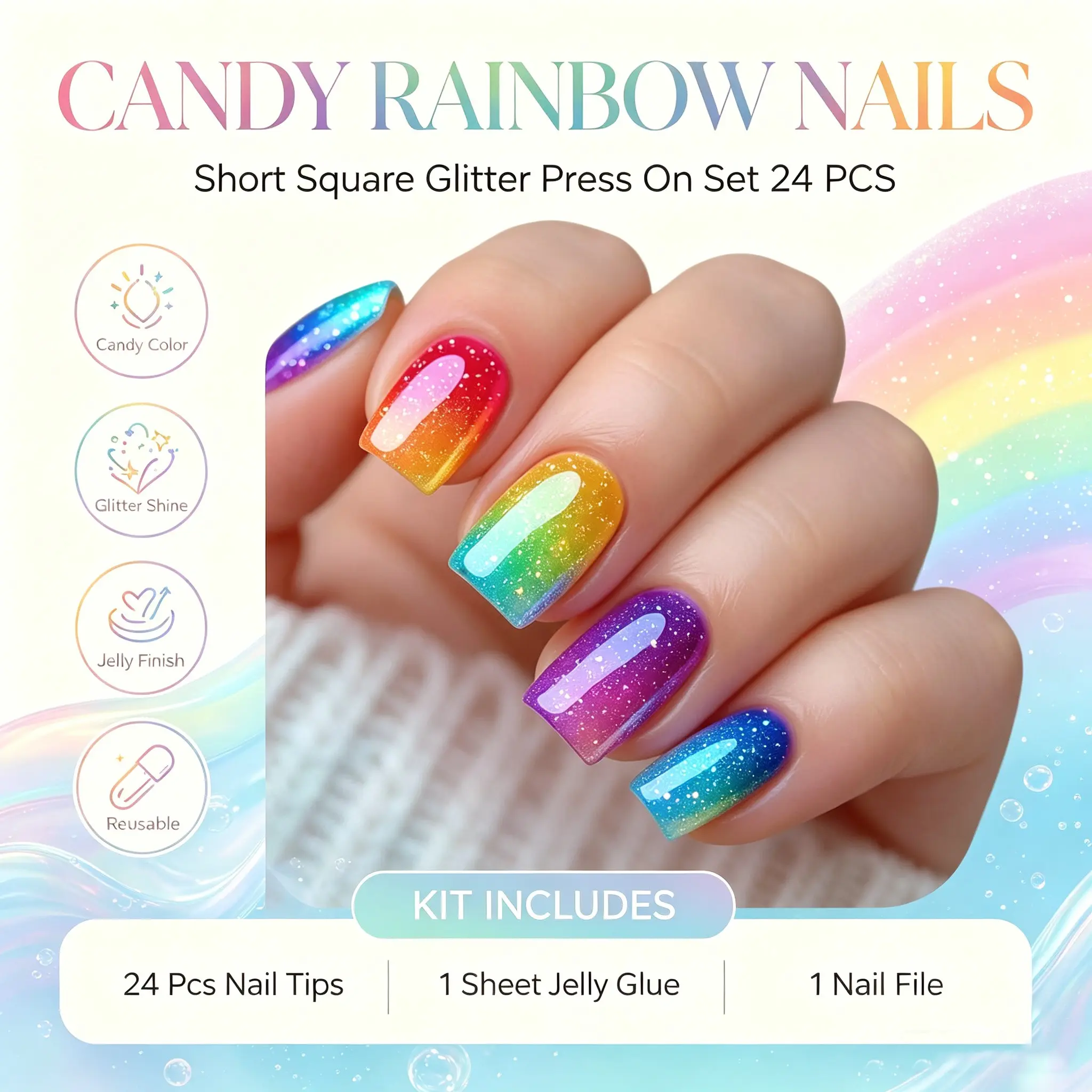 24 Pcs Rainbow Gradient Nail Tips, Short Square False Nails, Bright Colors, Suitable for Pride Events, Summer Outing, Parties, Daily Wear