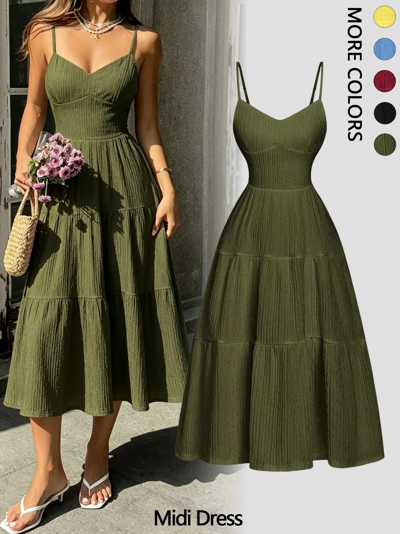 Elegant Plain Fitted Feminine Dress with Spaghetti Straps, Casual Women's Ruffle Hem Dress, Lightweight and Comfortable Midi Dress