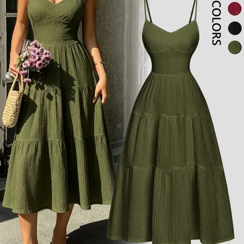 Elegant Plain Fitted Feminine Dress with Spaghetti Straps, Casual Women's Ruffle Hem Dress, Lightweight, Thin and Comfortable Summer Midi Dress, Chic