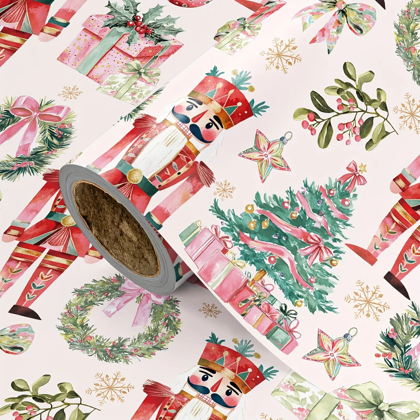 1 Roll Pink Nutcracker Gift Wrapping Paper, Watercolor Nutcracker & Christmas Tree Print Gift Wrap Roll for Christmas Holiday, Party, DIY Craft Decor, 43.2cm x 500cm