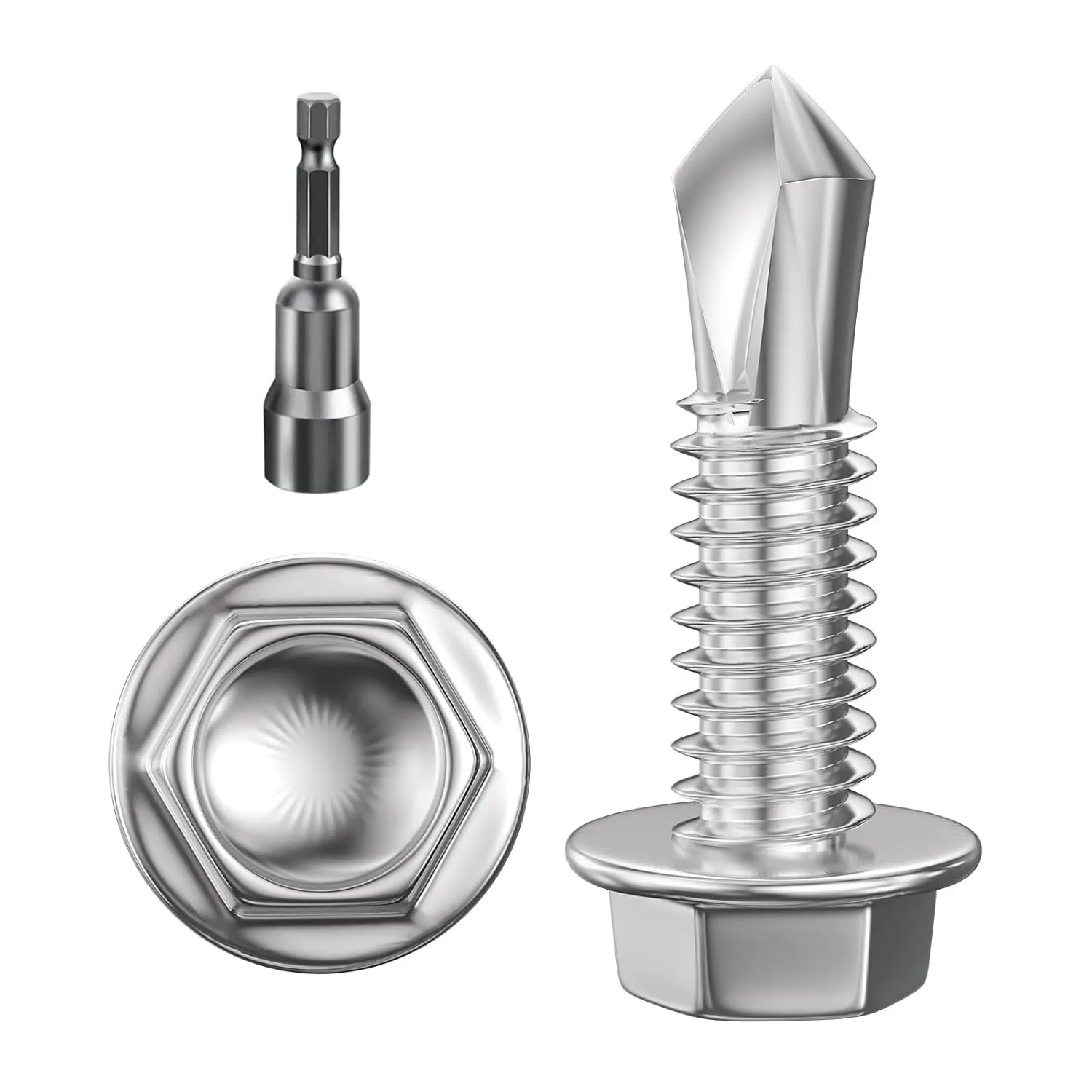 (300Pcs) #8×3/4" Hex Washer Head Self Drilling Screws, 410 Stainless Steel Metal Sheet Screws，TEK Screws, Sheet Metal Self Tapping Screws