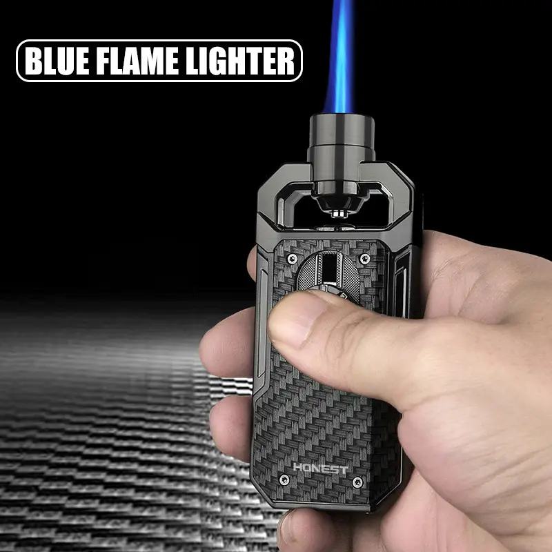 Metal windproof blue flame lighter (without butane gas), refillable butane lighter, gas torch lighter, used for men's gifts and cigar accessories