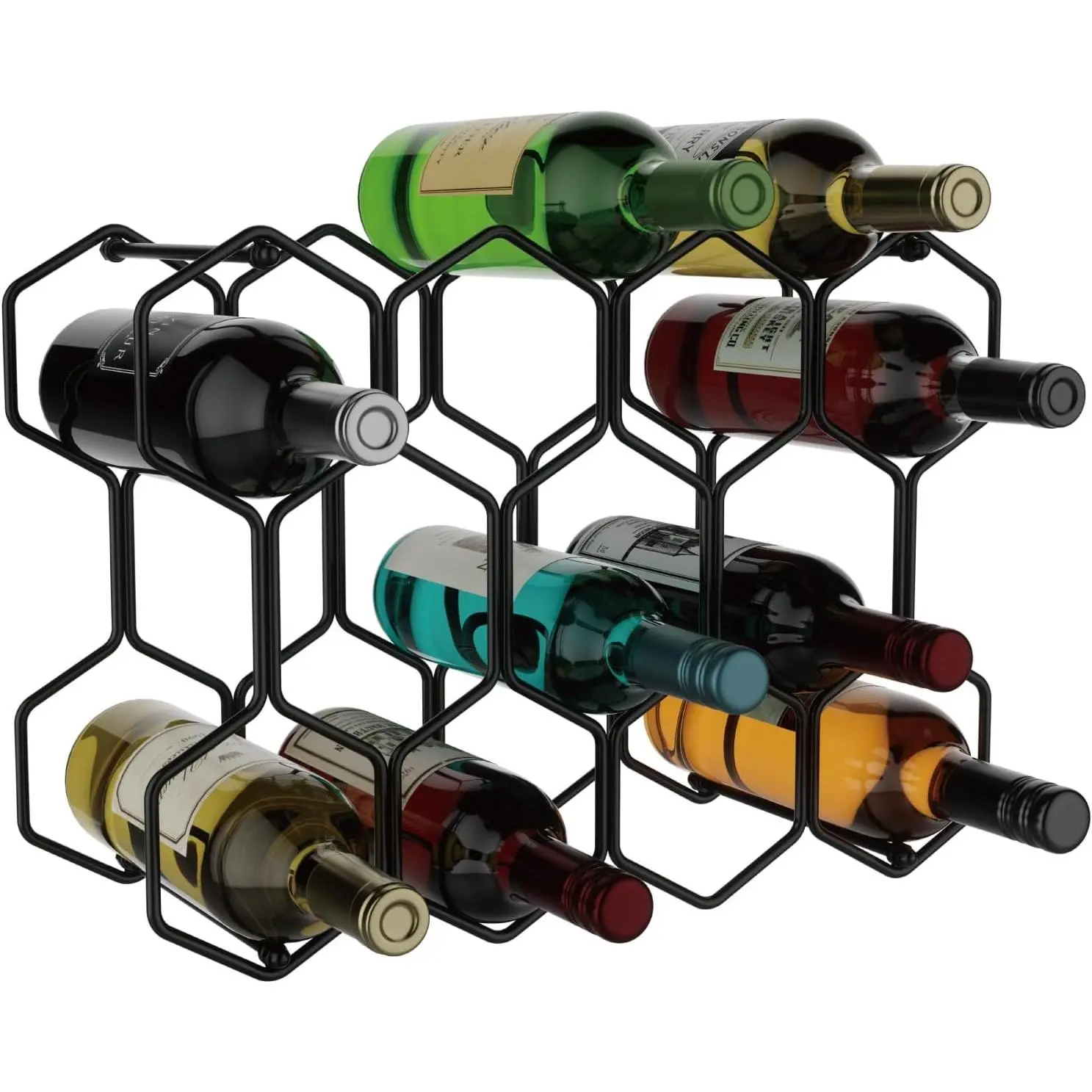 Countertop Wine Rack, 14-Bottle Metal Wine Holder, Black | Wine Bottle Organizer, Red & White Wine Storage, Space-Saving Countertop Display, Kitchen Bar Decor, Modern Home Style