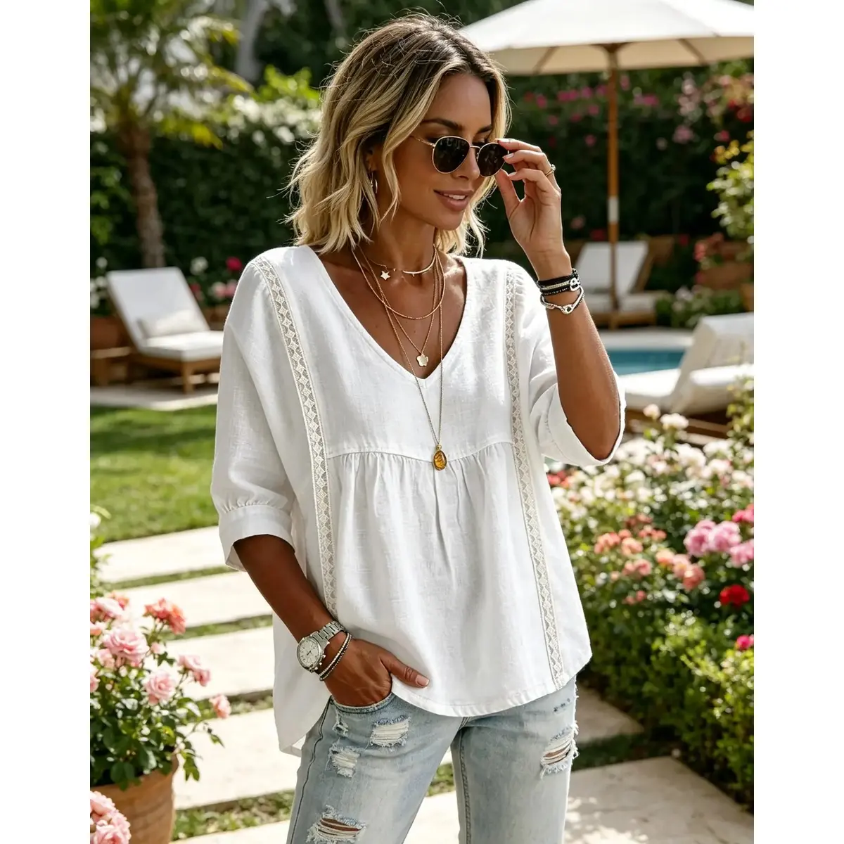 Women's Black V-Neck Lace-Trim Tunic Blouse, Loose-Fit 3/4 Puff Sleeve Babydoll Top for Boho Casual, Business Casual, Office and Everyday Wear,boho blouse women,tunic blouse women,everyday blouse women