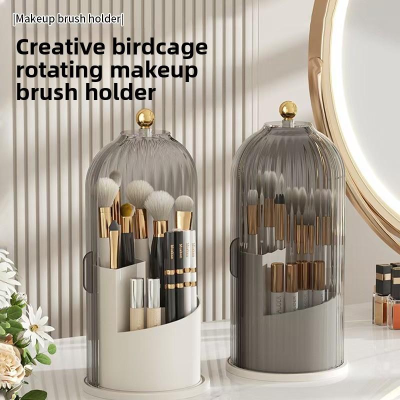 Classic 360-Degree Rotating Silicone Makeup Brush Holder with Transparent Lid, Cosmetic Storage Organiser for Vanity, Bathroom Desktop Countertop