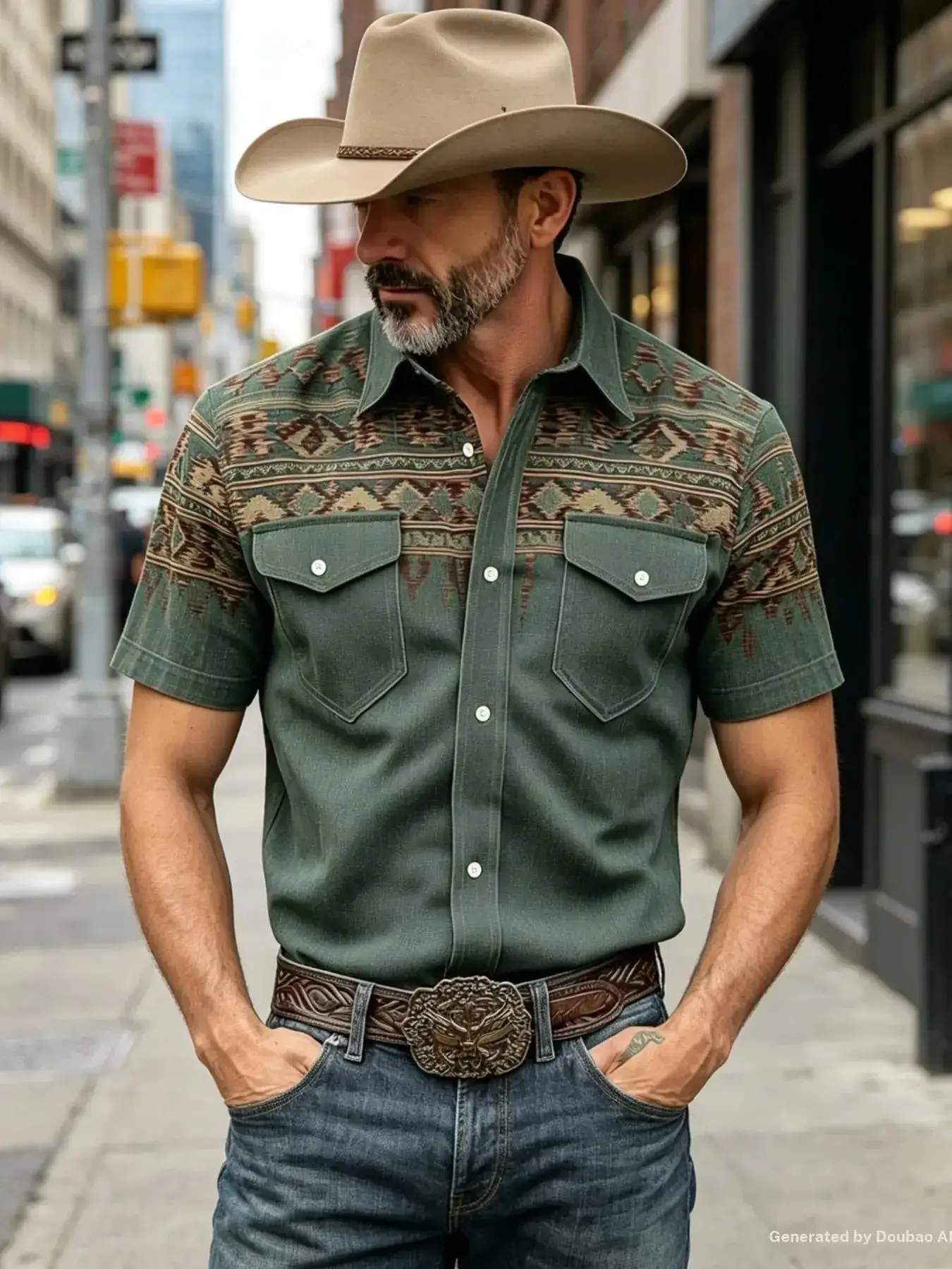 Men's Denim Blue Western Retro Short Sleeve Shirt, Cowboy Horse Pattern Collar Dress, Casual Daily Commute Top, Tough Style, Casual Trendy Shirt