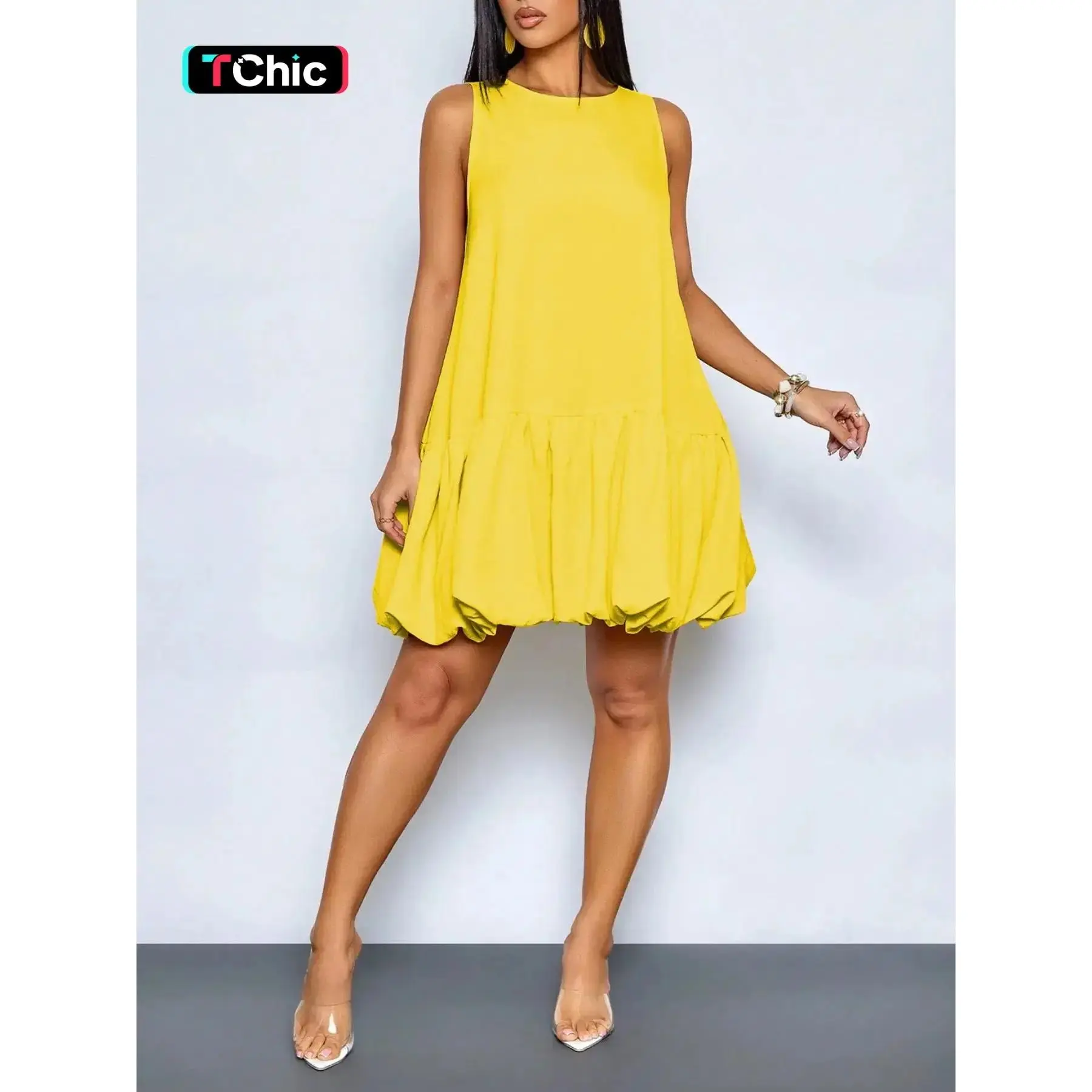 Elegant Chic Round Neck Bubble Hem Tank Dress, Stylish Dress for Women, Summer Wear for Parties