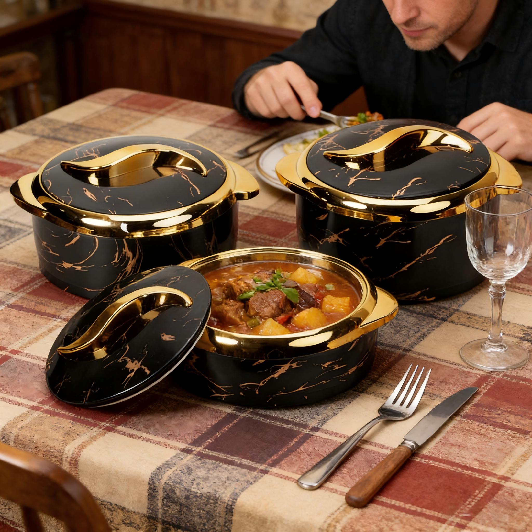 3-piece black insulated casserole set with lids, insulated bowls can keep food hot or cold, stainless steel insulated containers are suitable for making Indian pancakes, salads, soups, and party food (2.6/2.1/1.6 quarts)