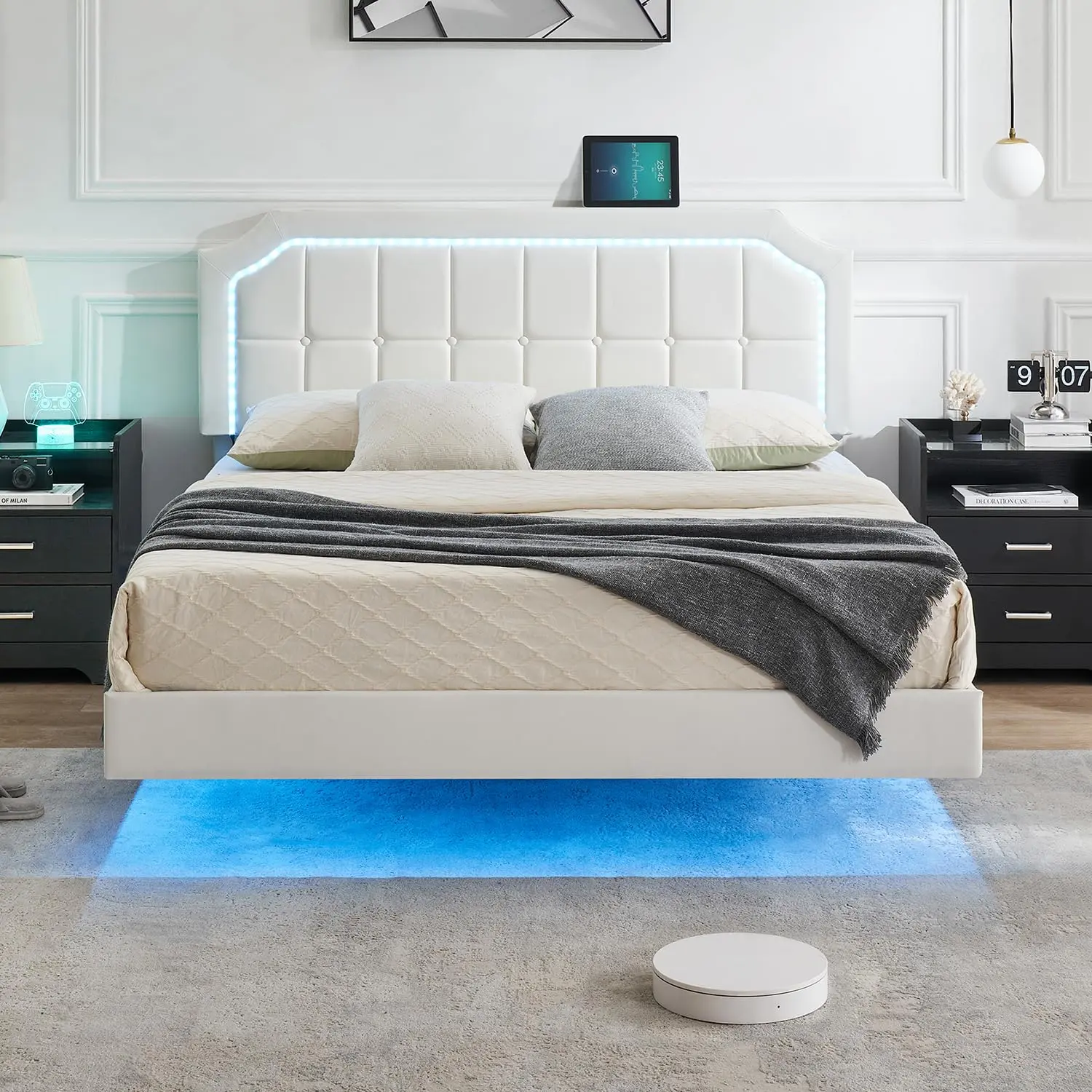 GARVEEFloating Queen Bed Frame with RGB LED Lights, Adjustable Upholstered Headboard, Metal Construction, Easy Assembly, Modern Design, White