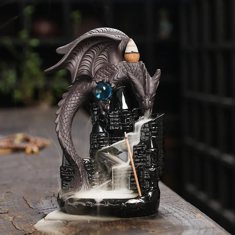 2026 New Clay Dragon Backflow Incense Burner, Creative Ceramic Castle Dragon Incense Burner, Gift for Friends, Party, Gathering