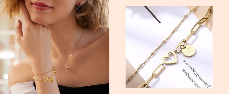 Sanfenly Personalized Initial Stackable Bracelet Set - 14K Gold Plated Stainless Steel A-Z Letter Heart Coin Charm Adjustable Bracelets for Women