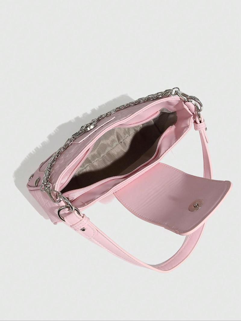 Women's Fashion Chain Decor Shoulder Bag, Heart Decorated Crocodile Textured Pu Leather Bag for Daily Used, Trendy All-match Underarm Bag, Cute Y2k Punk Style Hobo Dumpling Bag, Casual Zipper Purse