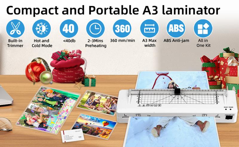 A3 Laminator with 20 Laminating Sheets,​ Built-in Trimmer​, Corner Rounder​, Fast Warm-up , Never Jam Technology, 7-in-1 Portable Laminators for Photos/Docs/Cards, 13 Inch Cold and Thermal Lamination Suitable for Family, Office and School
