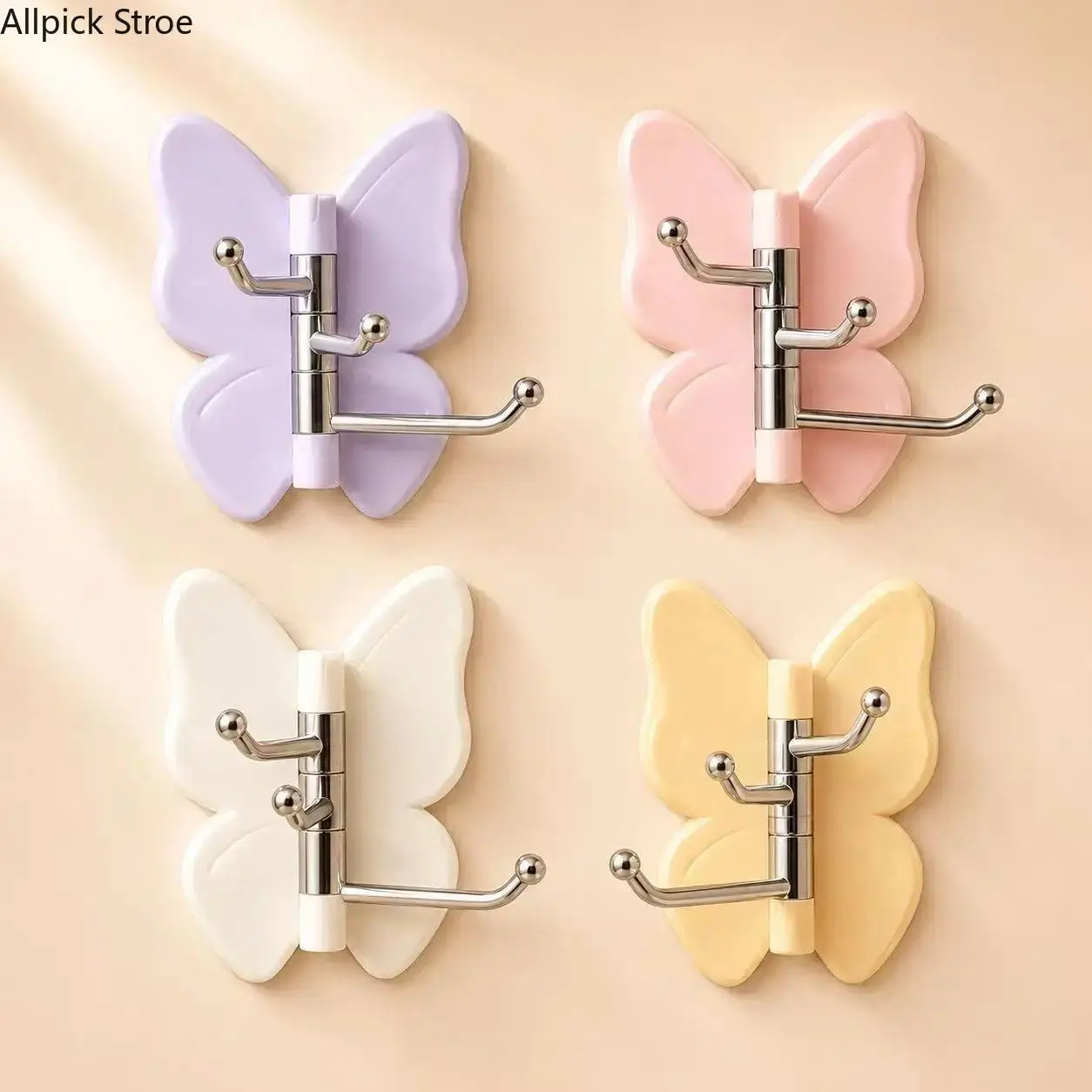 4 Pack Rotating Butterfly Home Storage Hooks - Strong Adhesive Storage Hooks Set for Bags, Kitchen Towels - Lavender Decor Accessory, No-Drilling Installation for Hats, Keys, Home Storage Hook