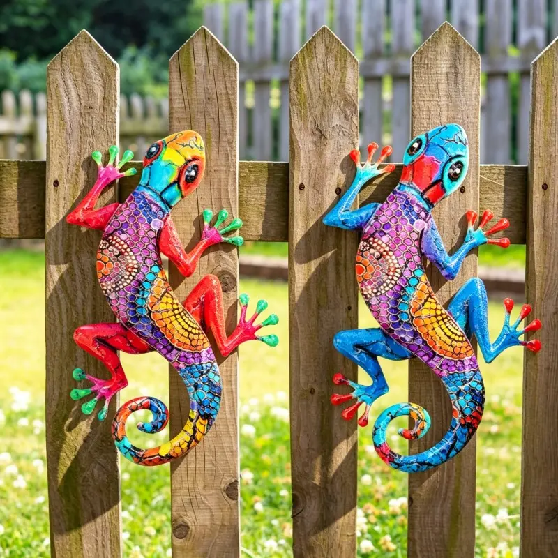 Large Metal Gecko Wall Art 2 Pack, 17 Inch Lizard Outdoor Decor, Hanging Sculpture for Garden Fence Home, Ideal Gift