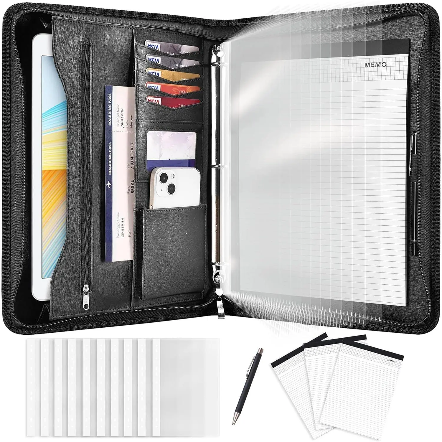 Portfolio Binder, Includes 10 Sheet Protectors and 3 Notepads, 3-Ring Folder Organizer, A4 Padfolio with Zipper, Vegan Leather Tablet Sleeve, Business Office Conference Clipboards