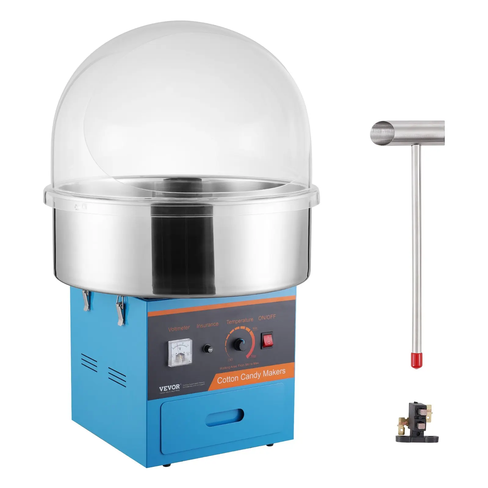【toolupgrade】VEVOR Electric Cotton Candy Machine, 1000W Candy Floss Maker, Commercial Cotton Candy Machine with Cover, Stainless Steel Bowl, Sugar Scoop, Drawer, Perfect for Home Kids Birthday, Family Party, Blue