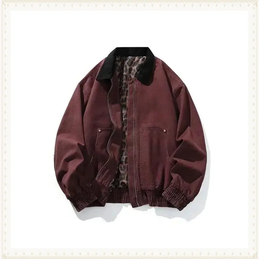 Men's Vintage Pure Cotton Jacket Collared Outerwear Leopard Print Detroit Denim Jacket Spring and Autumn Leather Bomber Jacket
