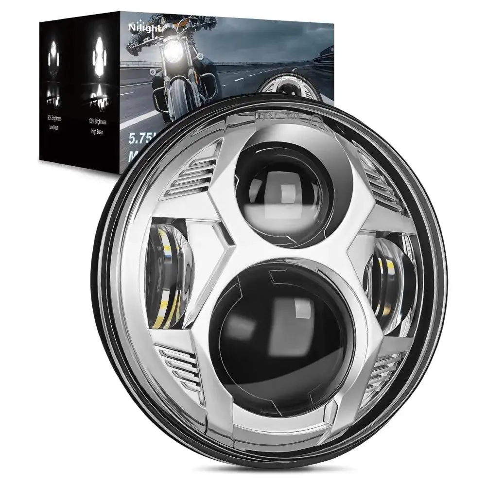Nilight 5.75in Chrome Bright LED Headlights - 2000lm Luminous IP67 Waterproof Aluminum Alloy Anti-Flicker LED Lights for Low Rider, Sportster Motorcycles (Road Legal)