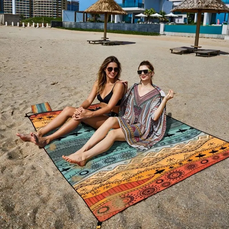 Extra Large 180x220cm Bohemian Quick-Dry Beach Mat, Outdoor Rug Waterproof Sand Pad, Lightweight Camping Mat, Ideal for Hiking and Picnics
