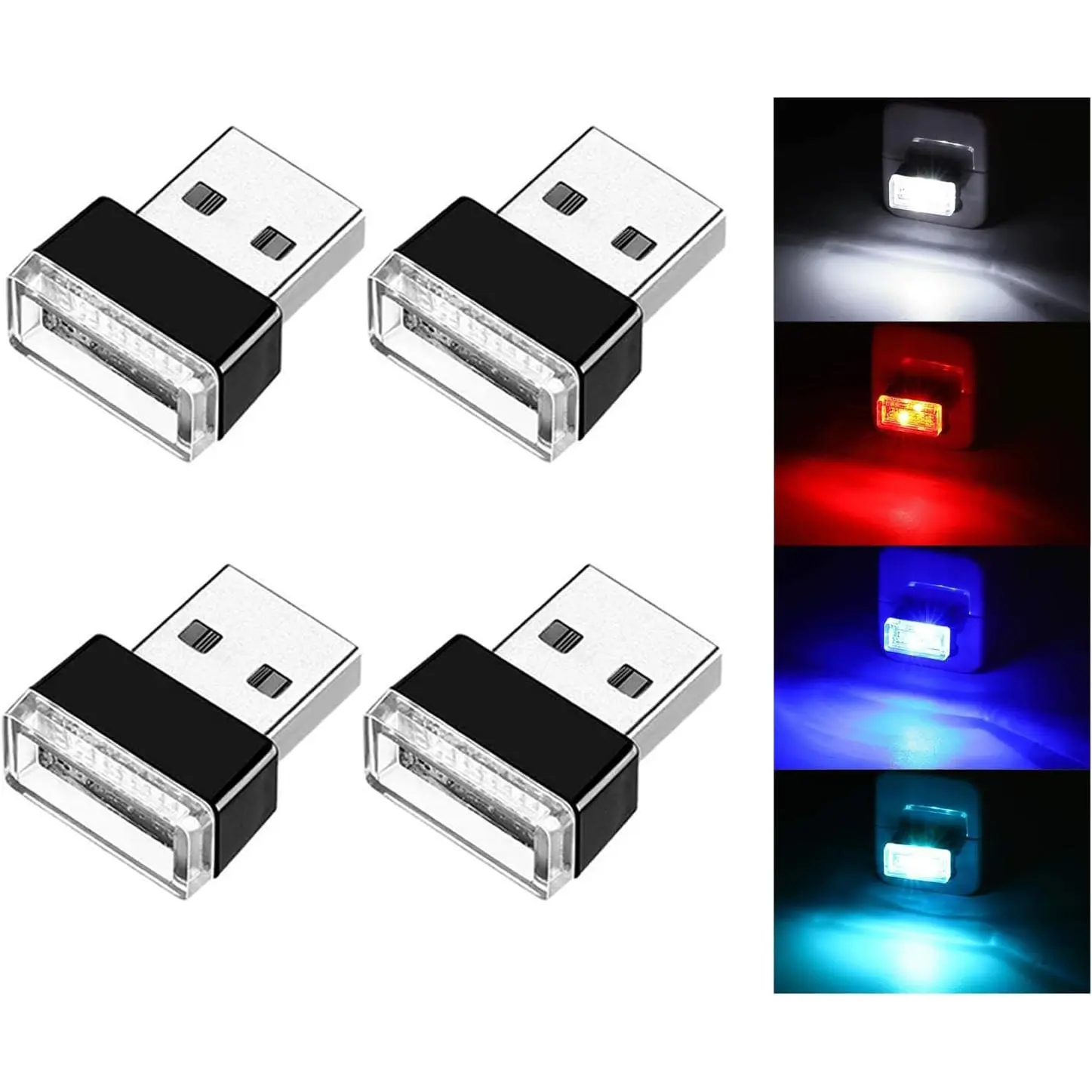 4 count USB LED  Interior Atmosphere Lamp, Portable Mini LED Night Light, Plug-in USB Interface Trunk Ambient Lighting Kit,  Accessories (White, Blue, Red, Ice Blue)
