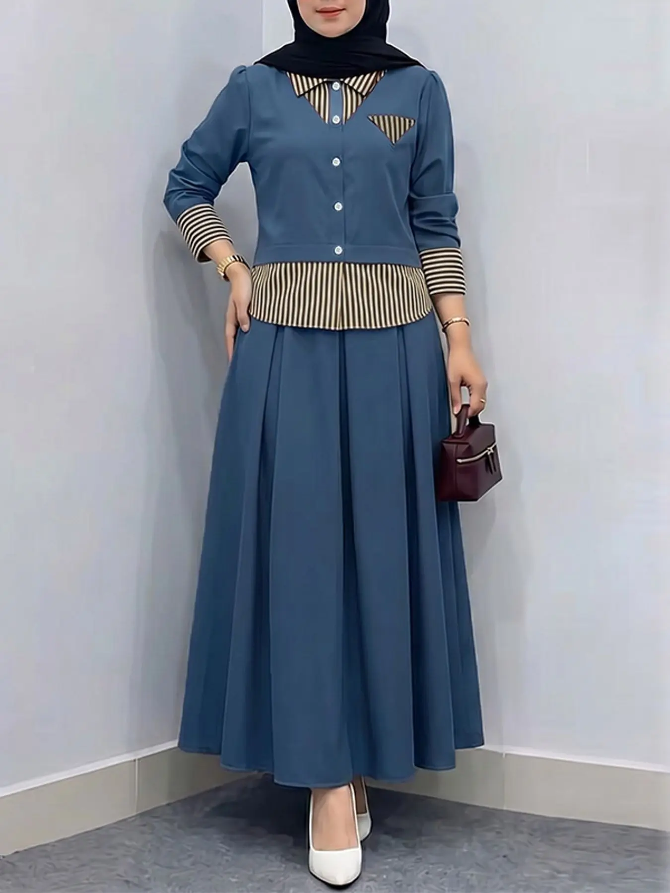 Women's Lapel Long Sleeve Striped Patchwork Shirt + Skirt Set, matching sets, Casual Loose-Fitting Two-Piece, Spring & Fall Fashion, Co Ord Set, Fashion Style Sets