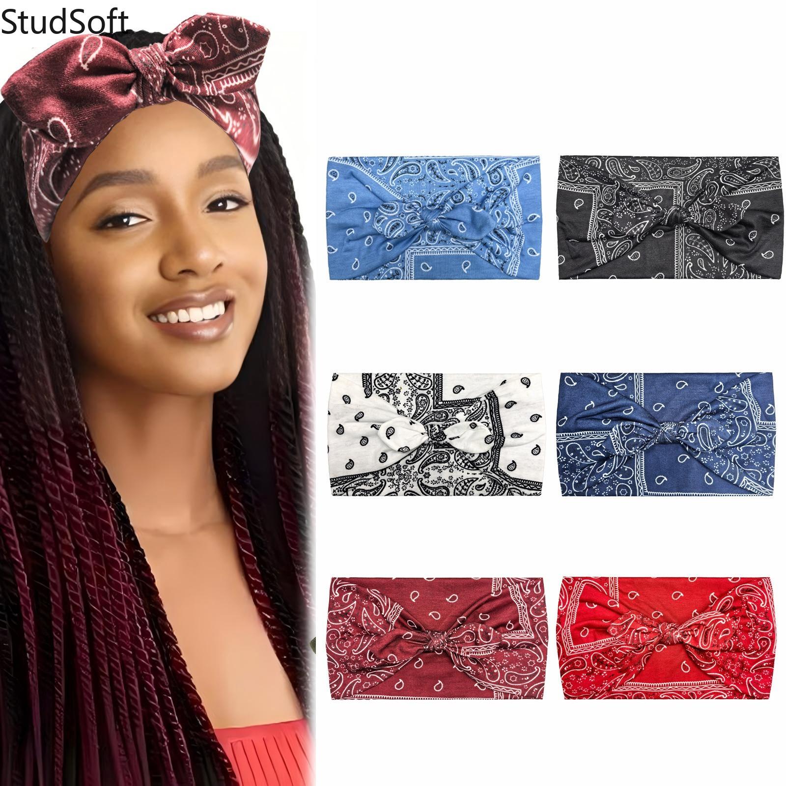 Knotted Bunny Paisley Print Bow Ear Headbands, Elastic Yoga Sports Sweatbands, Absorbent Non-Slip Hair Wraps for Women, 6 Pack