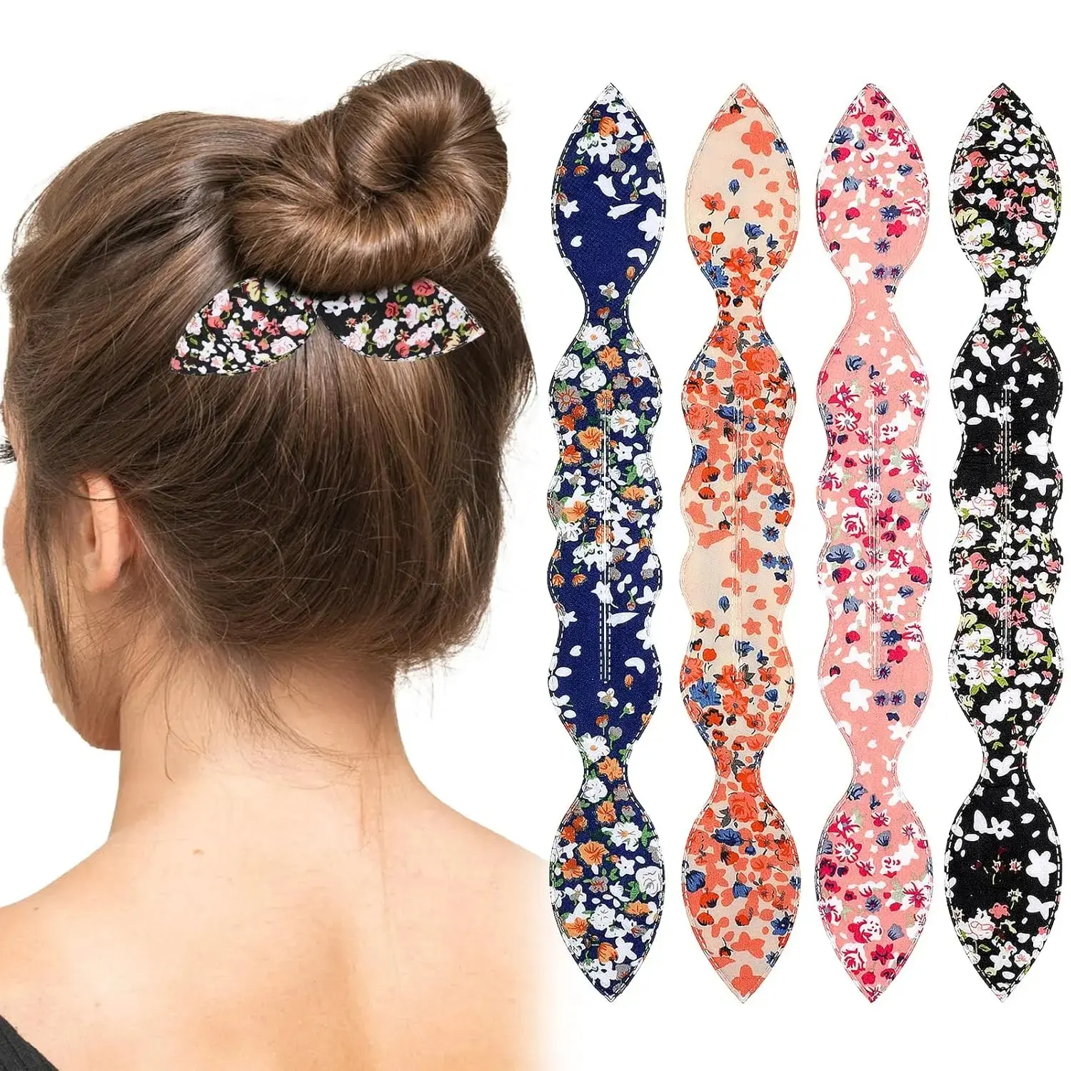 4-Pack Heatless Bun Maker Set | French Twist & Messy Bun Hair Styling Tool | Rabbit Ear Bun Twister Rotating Hair Ties | Quick No-Heat Updo Hair Accessories for All Hair Types | Everyday Work Travel Styling