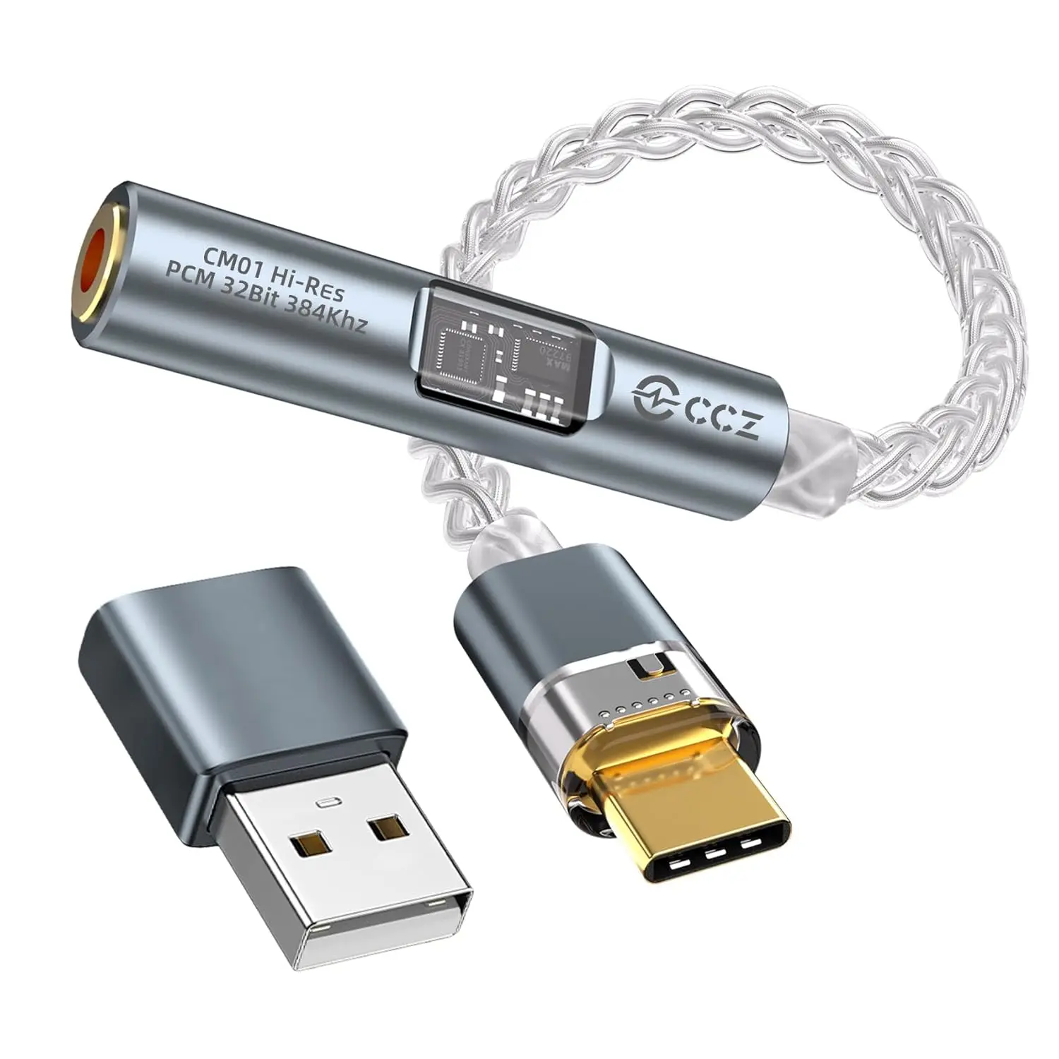 USB C to 3.5mm Audio Adapter with  Chip Hi-Res 32bit/384KHz DAC& 24bit/96KHz  Dongle  Cord,USB C to Aux Dongle HiFi Headphone Jack Adapter with USB A Converter for Type C Devices (Blue)