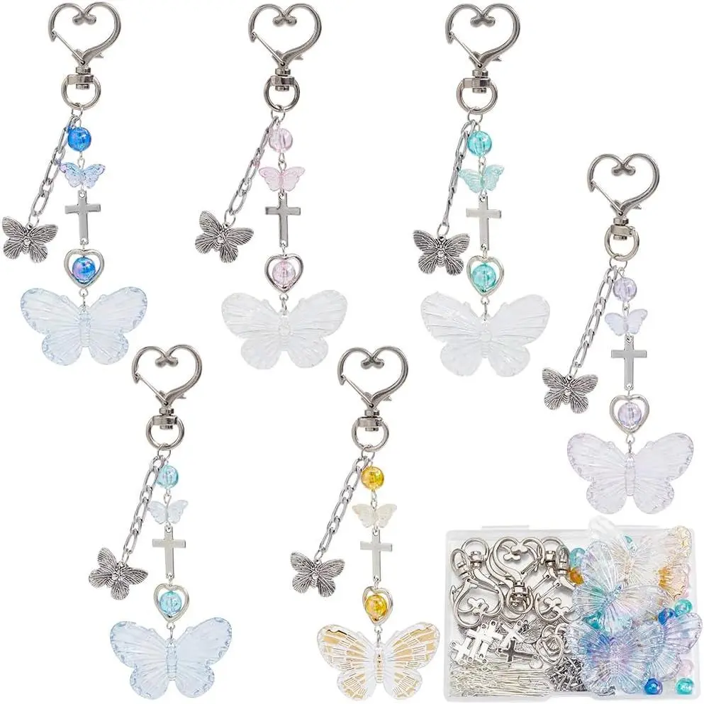 128 count Butterfly  Making Kit Butterflies Beads Colorful Butterfly Bead Heart Butterfly Charms  Glass Spacer Beads for Keychains Making Women Adults DIY Crafts Supplies