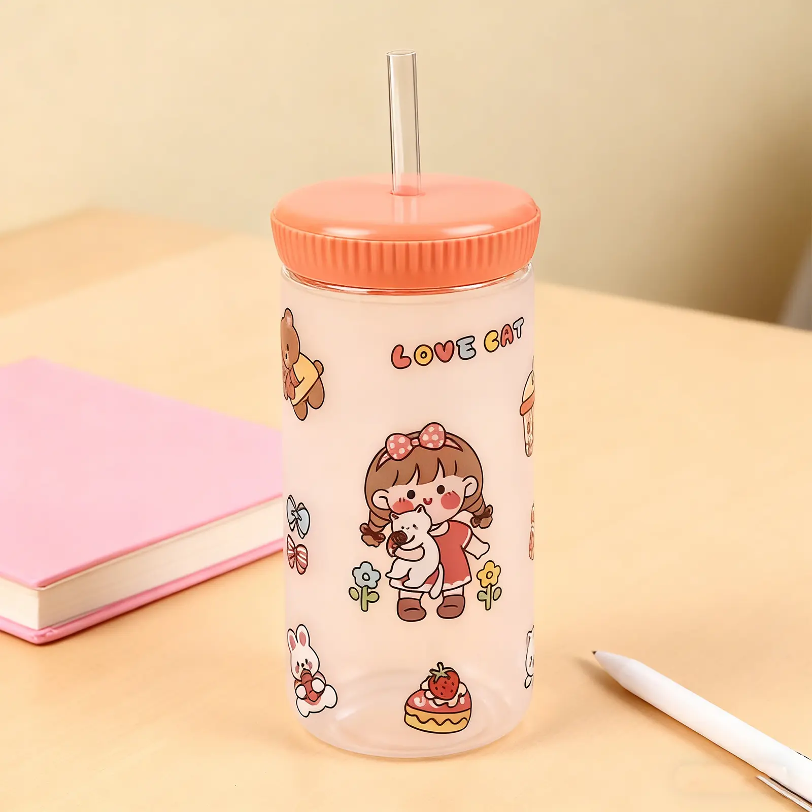 Cartoon Straw Drinking Bottle 500ml-Pink