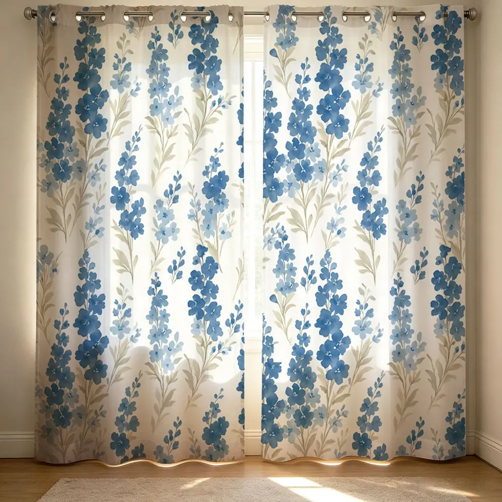 2 panels Watercolor Blue Floral Print Light Filtering Curtains, Polyester Rings Top Drapes for Kitchen Living Room Bedroom Bathroom, Home Decoration Curtain, Home Decorative Curtain, Window Curtain