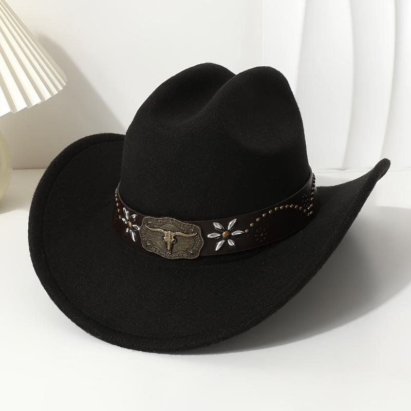 9295 Black Cowboy Hat With Silver Metal Bull Head Badge And Rivet Decoration - Black Cowboy Hat With Silver Metal Bull Head Badge And Rivet  main image 4