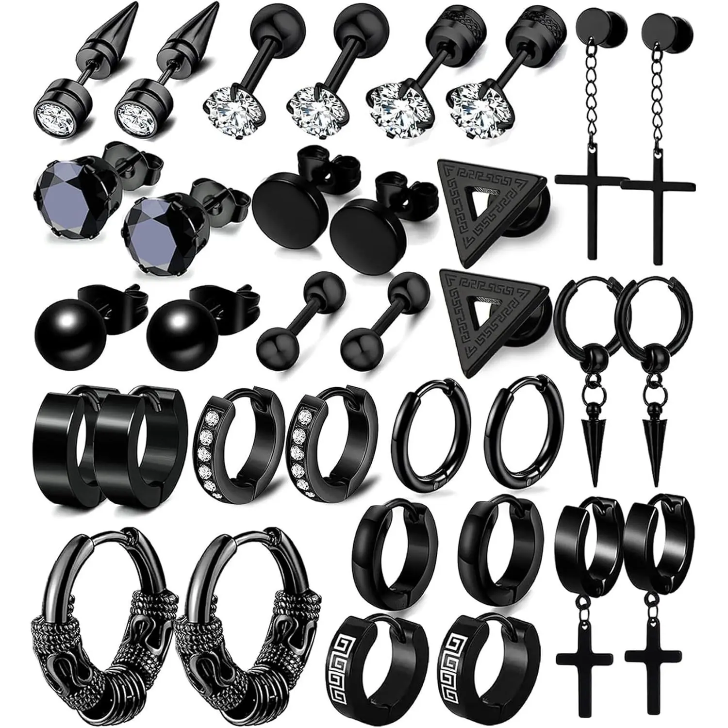 Earrings for Men, 17-Pair Set of Stainless Steel Hoops, Studs, and Cross Dangles, Fashion Piercing Jewelry for Sensitive Skin, Hoop Shape Earrings, Earrings Stack, Male